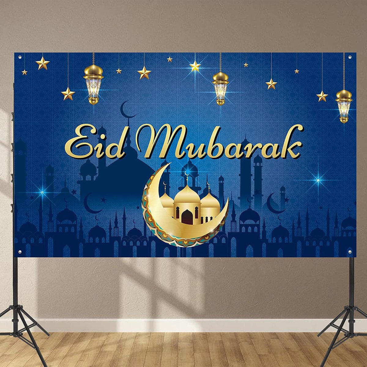 XXL Eid Mubarak Banner 185 x 110 cm | Wasbaar en Herbruikbaar | Achtergrond Ramadan Blauw | Ramadan Muur decoratie | Versiering Ramadan Mubarak